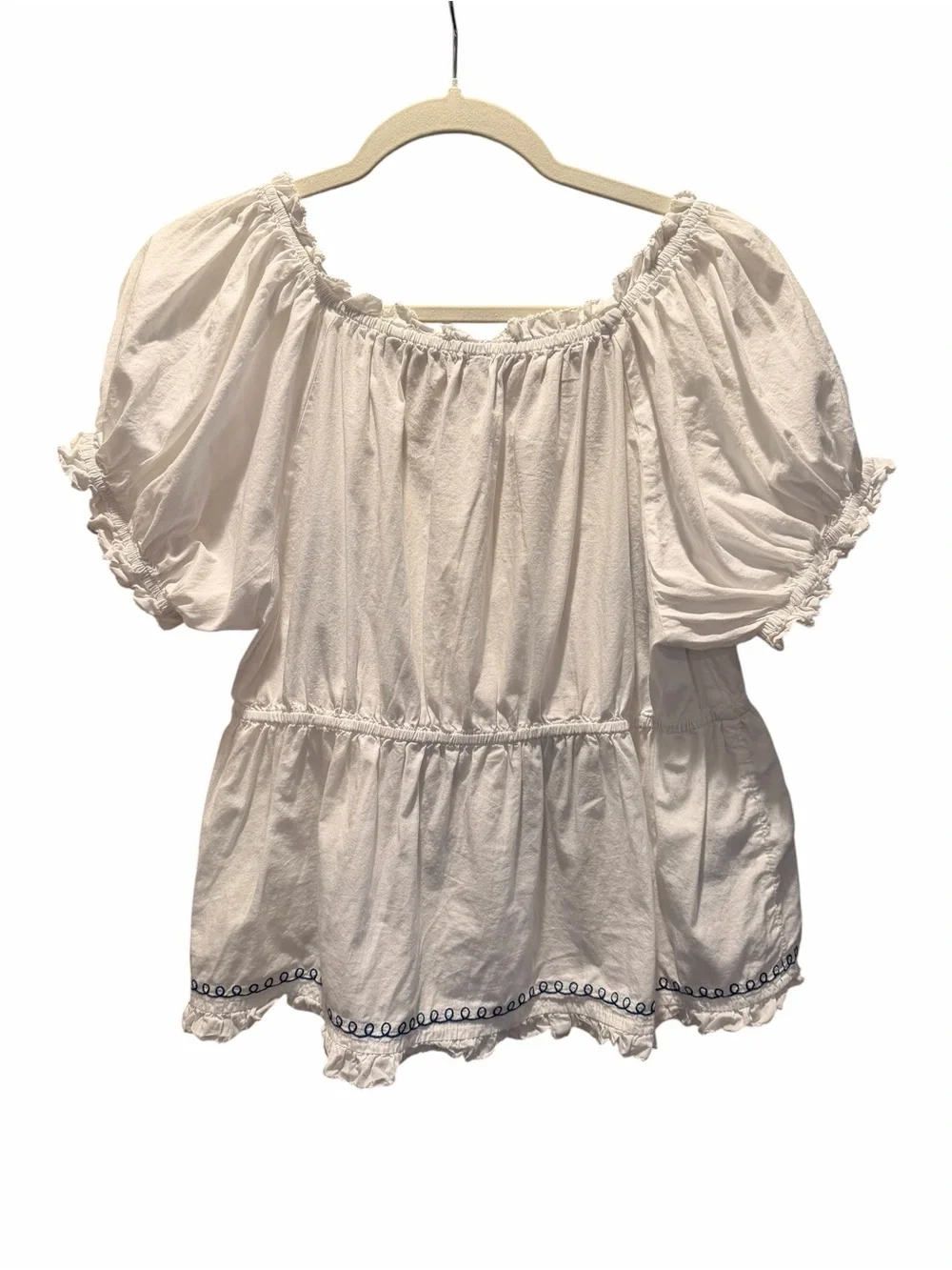 Anthropologie White Babydoll Top with Blue Embroidered Floral Detail Medium